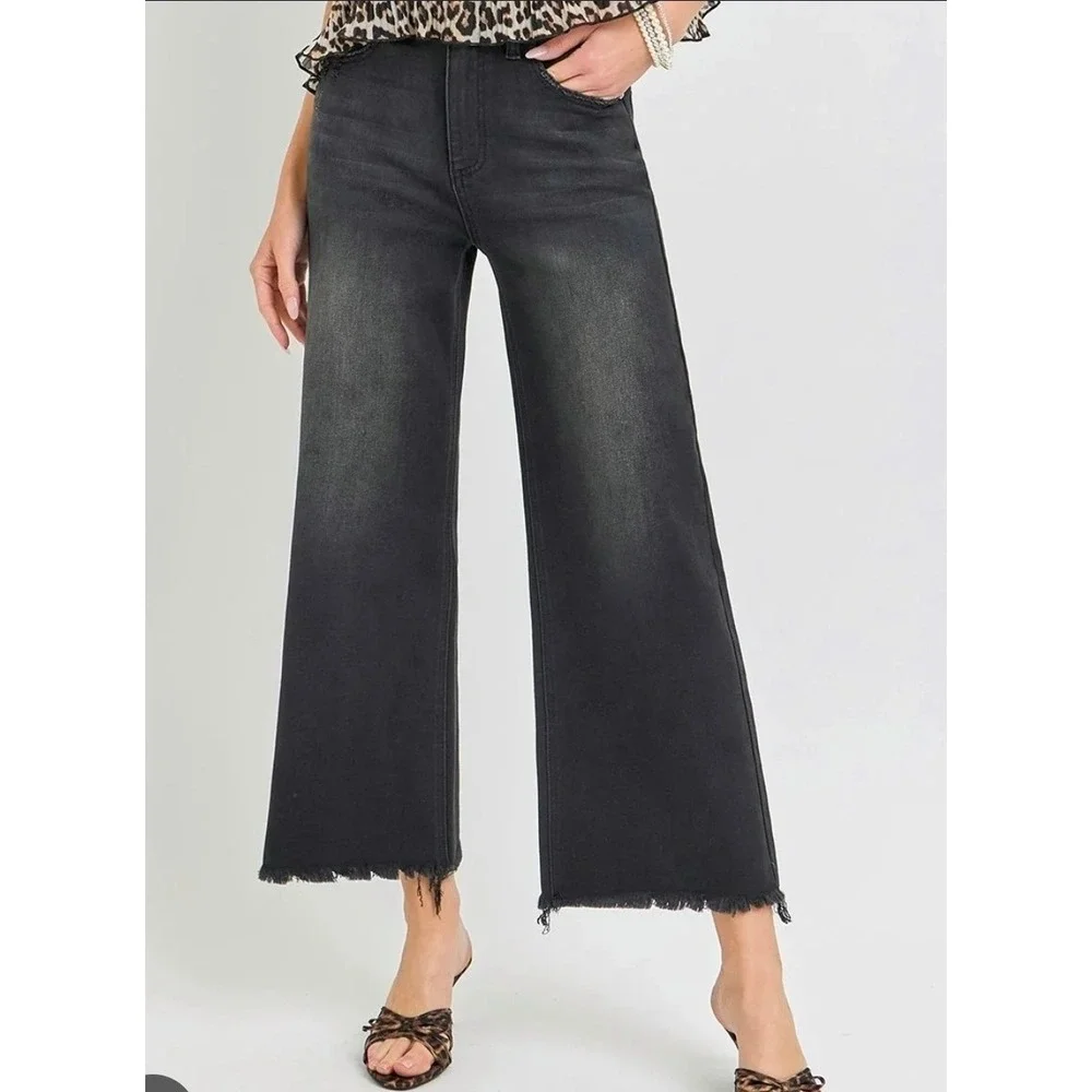 Risen Jeans Womens Washed Black High Rise Wide Leg Frayed Hem Denim RDP1025 3/26
